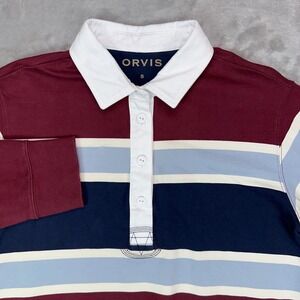ORVIS Rugby Shirt Women's Small Cropped Long Sleeve Burgundy Blue Striped Polo